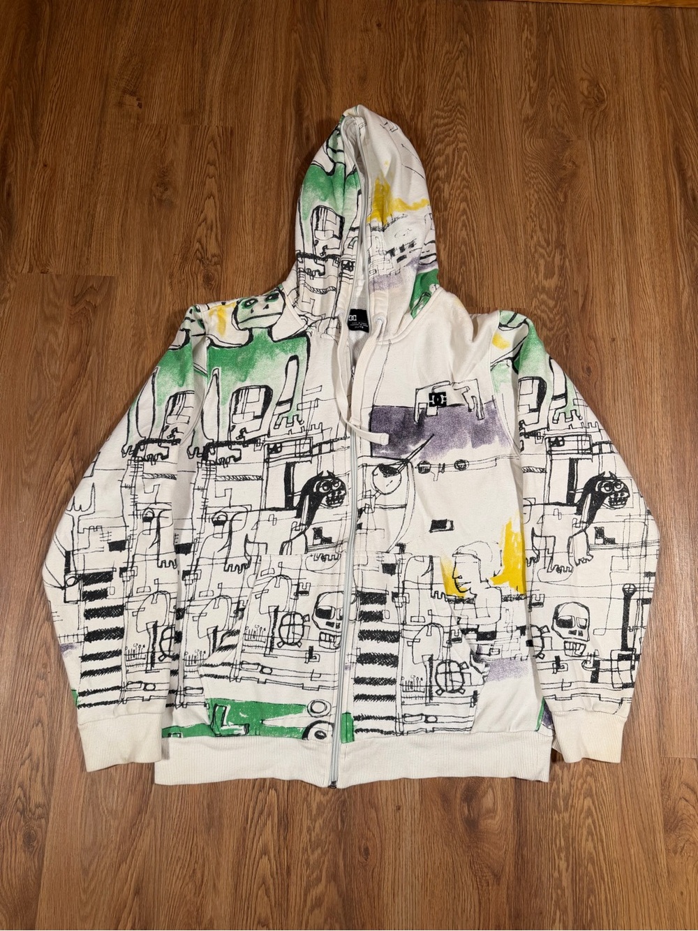 DC Shoe Full Zip Hoodie Jacket White Green XL Cyber Punk Robot Cat Y2K Rare 2010